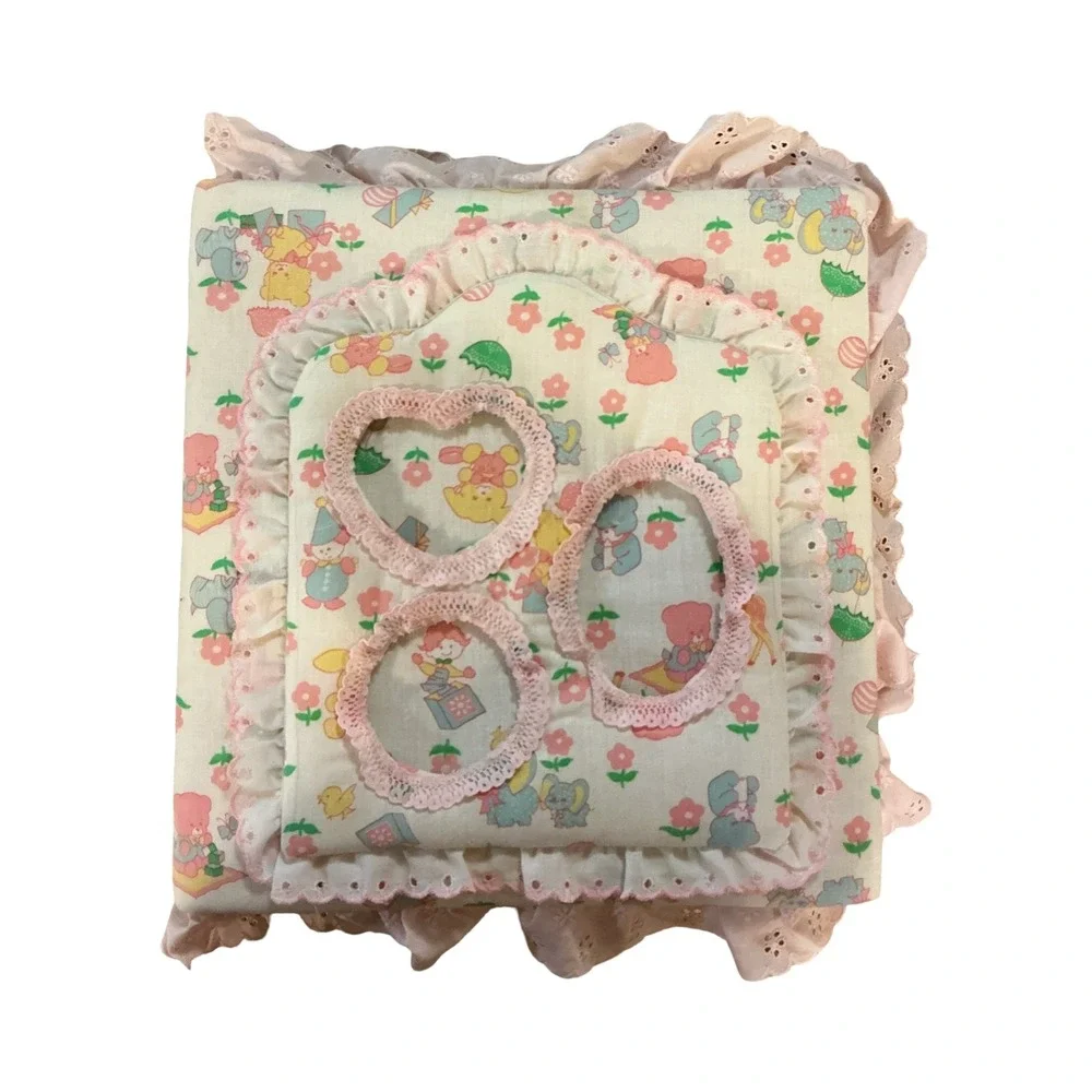 Vintage Padded Fabric Photo Album Nursery Bear Elephant Pink Eyelet Lace Trim